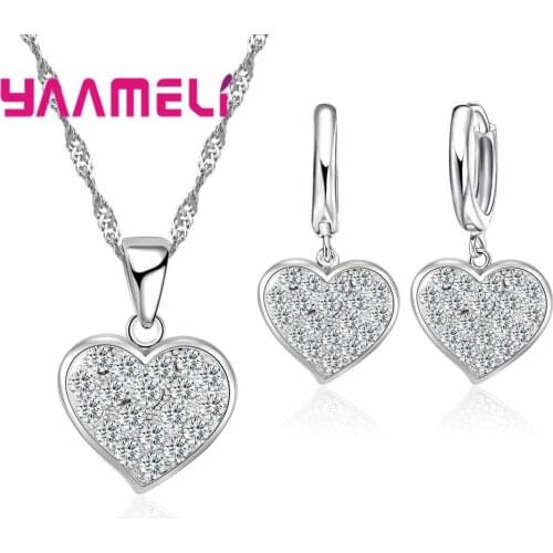 Factory Price Heart Pendant Necklaces Earrings Sets 925 Sterling Silver Wedding Jewelry Sets With Shiny Cubic Zirconia