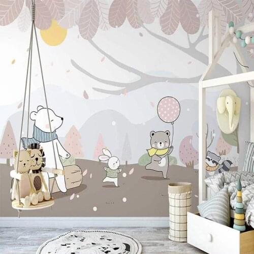 Custom Any Size Mural Wallpaper Nordic Hand-painted Minimalist Forest Cute Cartoon Small Animal Childrens Room Background Wall