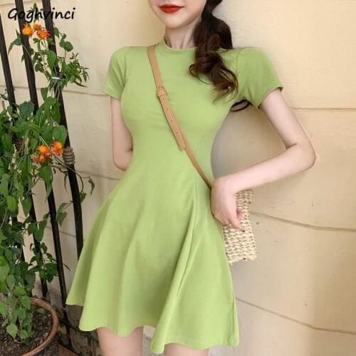Women Dresses Short Sleeve Solid Sexy Stretchy Midi O-neck Sweet Girls Leisure Slim Skinny Elegant Empire Stylish Streetwear Ins