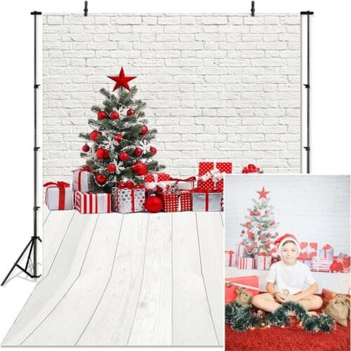 Christmas Photography Backdrop White Brick Wall Christmas Tree Gifts Holiday Party Home Decorn Children Background Photobooth