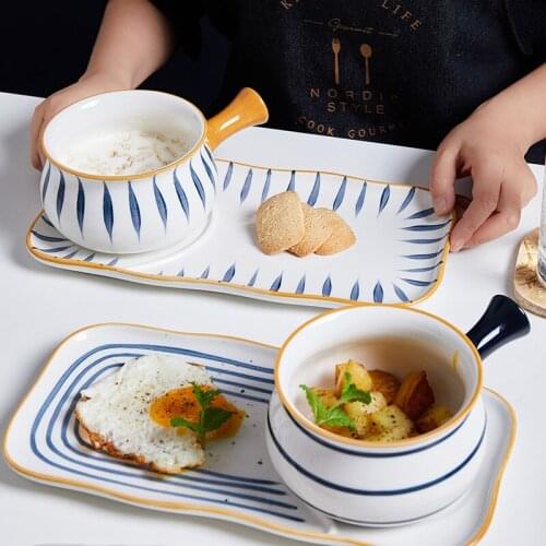 Hand Painted Dinner Plates Set Breakfast Bread Plate Dessert Salad Bowl Geometric Striped Ceramic Tableware Dinner Steak Dish