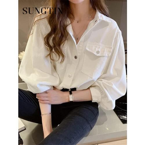 Sungtin Korean Casual Loose Plus Size Shirt Women Spring Pocket Office Lady Blouse Shirt Female All Match Elegant White Shirt OL