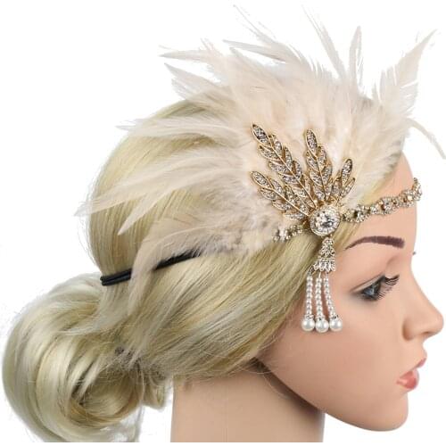 1920s Flapper Headband Feather Headpiece Roaring 20s Great Gatsby Inspired Leaf Medallion Pearl Headband Women Hair Accessories