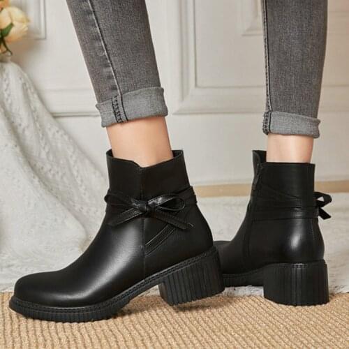 New Sweet Women Boots Little Fragrant Wind Thick Heel Fashion Round Toe Zip Small Leather Shoes Bow Female Spring Fall Booties