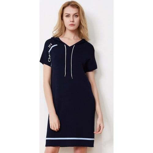 BOSIDENG Women Fashion Pullover Dress print Slim Fit Loose Short Sleeve Dress Split O-Neck B80416148