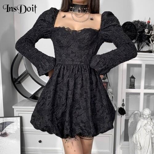 InsDoit Lolita Gothic Black Ball Gown Dresses Women Vintage Lace Punk Pleated A-LINE Dress Harajuku Puff Sleeve Sexy Party Dress