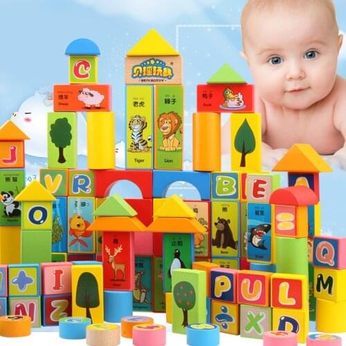 100 Capsules Animal World Alphanumeric Baby Wooden Blocks Childrens Intelligence Toys