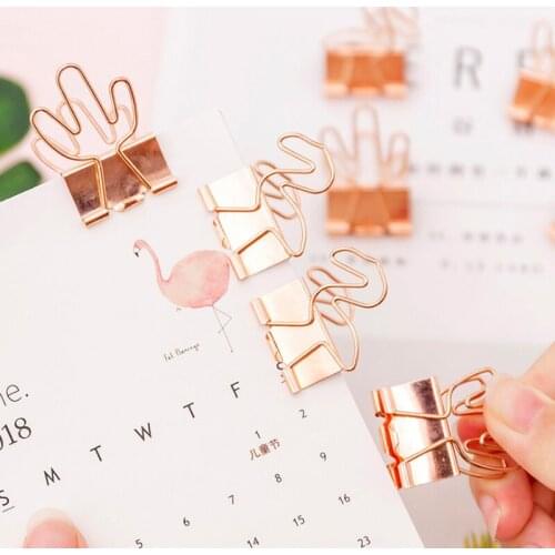 15packs Cartoon Flamingo cactus Long Tail Clip Rose Gold Solid Tickets Clips Accessory Elliot folder Power clips
