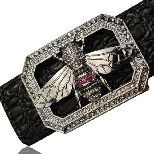 2020 Luxury Brand Rhinestone Bee Buckle Belts for Men High Quality Fashion Crocodile Pattern Genuine Leather Belts