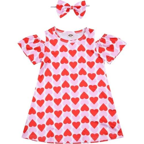 2021 Infant Valentines Day Dress Baby Girl Love Pattern Short Sleeve Round Neck Cold Shoulder One-piece + Bowknot Headband