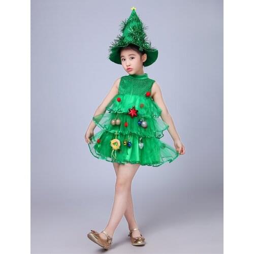 Children Kids Girl Sleeveless Dresses Green Clothes Christmas Halloween Costumes Tree Dress Hat New Year Elf Cosplay