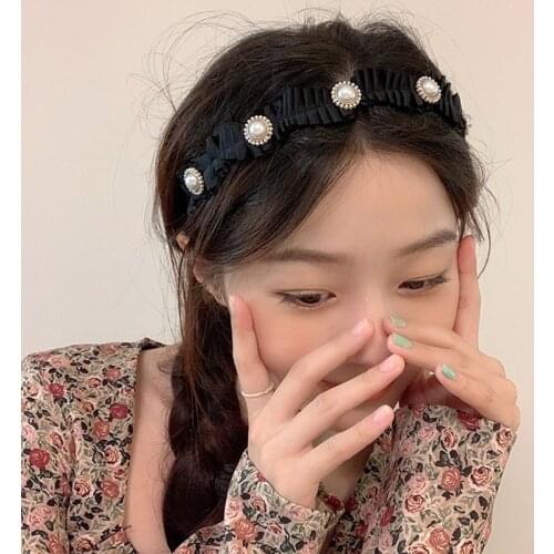 LOVOACC Vintage Bling Rhinestone Simulated Pearl Wide Headband for Women Black Velvet Brimmed Hair Band Accessories Headwear