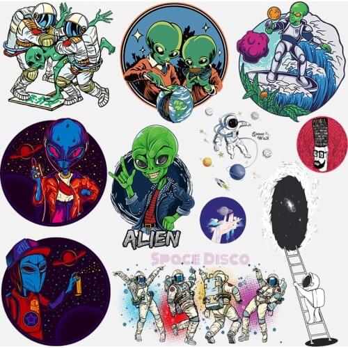 Alien Animal Set Heat Transfer Vinyl Punk Stickers On Clothes Planet Patch Iron-On Transfers For Clothing Shirt Stripe Applique