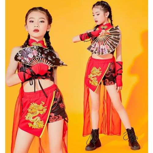 Girls Hip Hop Clothes Chinese Style Red Outfits Kids Jazz Performance Costumes Street Dance Wear Hiphop Rave Clothes DQS6867