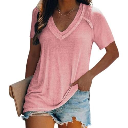 Casual Summer Women T-shirt Solid Color V Neck Short Sleeve Loose Blouse Top Casual Loose T-shirt Plus Size Womens Clothing