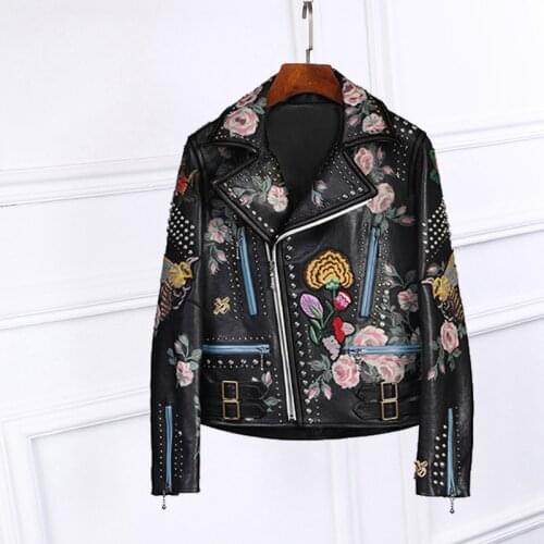 Chic womens rivets biker Fashion embroidered PU jackets high quality leather short coat E957
