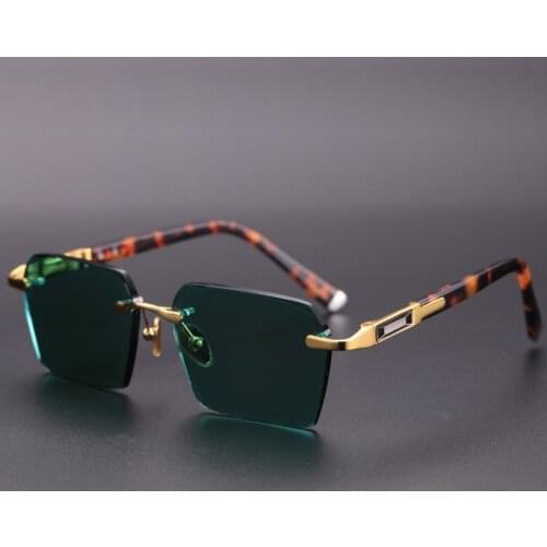Rimless Glass Sunglasses Man Woman Natural Crystal Stone Sun Glasses Green Lens Vintage Acetate Frame Anti Eye Dry Top Quality