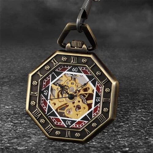 Octagon Shaped Bronze Manual Mechanical Pocket Watch Carved Roman Numerals Display Open Face Hand Winding Pendant Antique Clock