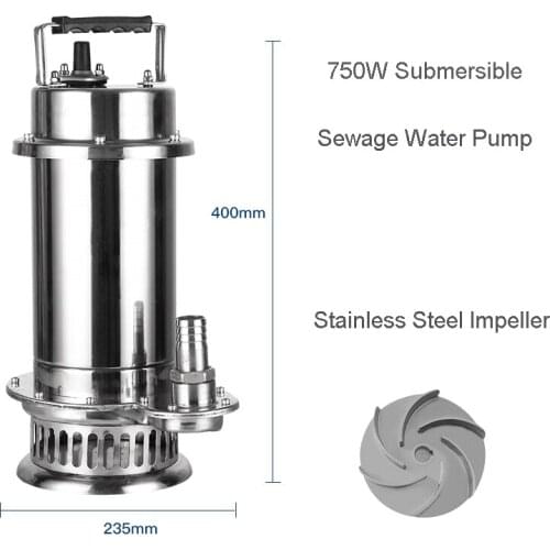 High Quality 0.75KW Stainless Steel Submersible Pump 220V with 8M3/H Flow 12M Lift Max Sewage Water Pump