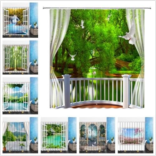Landscape Shower Curtains Summer Autumn Window Scenery Tree Fallen Leaves Bathroom Home Decor Waterproof Polyester Cloth Curtain