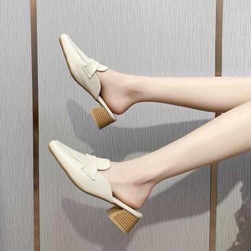 Womens Med Heels Half Slippers Piel Sandalias De Verano Para Mujer Sandals Leather Shoes Pantuflas Office Lady Slip Ons Pumps