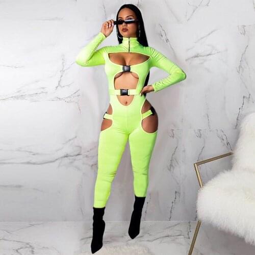 Soild Sexy Hollow Out Fitness Jumpsuit Women Stand Collar Full Sleeve Zipper One Piece Overall 2021 Autumn Party Club Bodysuits