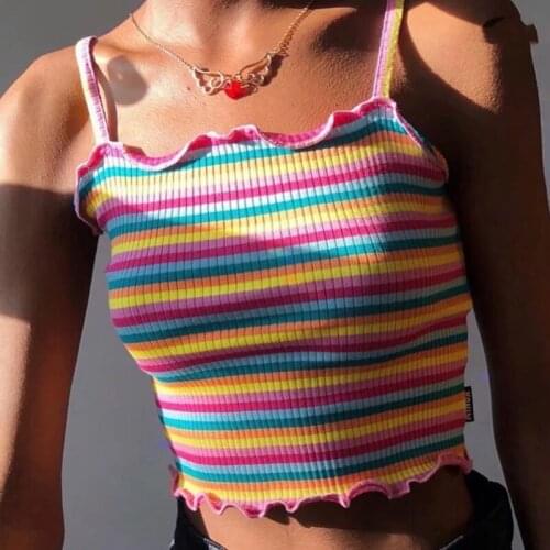 Women Candy Striped Cami Top With Lettuce Trimming Sqaure Neck Striped Rib Camis