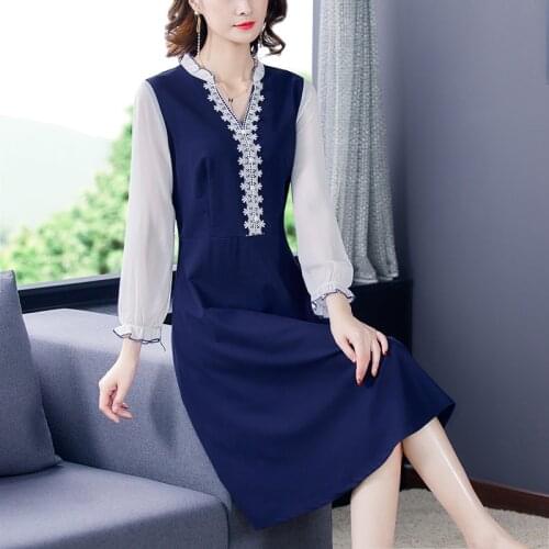 2021 Autumn Casual Office Blue Chiffon Midi Dresses Spring Vintage 5XL Plus Size Long Sleeve Dress Elegant Women Bodycon Vestido