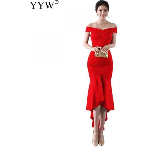 Elegant Boat Neck Red Mermaid Evening Dresses Women Vestidos 2020 Trumpet Sexy Robe De Soiree Fashion Slim Solid Formal Gowns