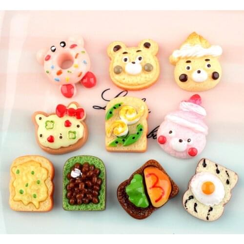 10Pcs Cartoon Bear Bread Donuts Flat back Resin Cabochon Fake Food Scrapbooking Accessories DIY Embellishment Decoration Craft