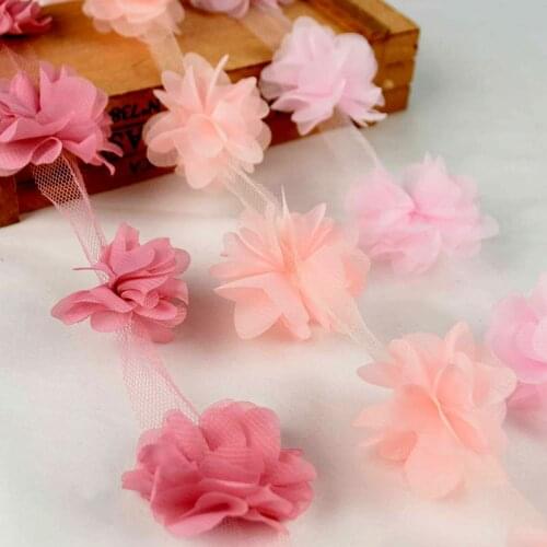 2Yard 3D Chiffon Lace Cluster Flowers Lace Fabric Ribbon For Applique Trimming Sewing Dress Supplies Wedding Birthday Gift Decor