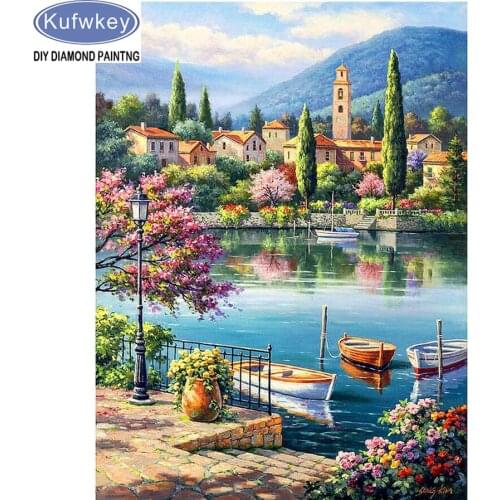 5D diy Diamond Painting 3D diamond crystal mosaic full square rhinestones full diamond embroidery riverside town natural scenery