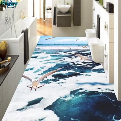 Beibehang Large custom flooring blue sky seagull sea wave flower 3D floor kitchen bathroom decoration