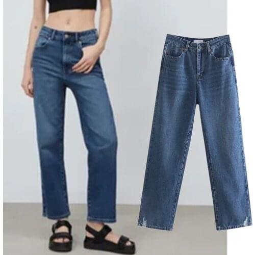 Jenny&Dave Ripped Jeans Women Straight Jeans Vintage Mom Jeans Woman Enlgand Street Denim Blue Medium Waist Jeans For Women