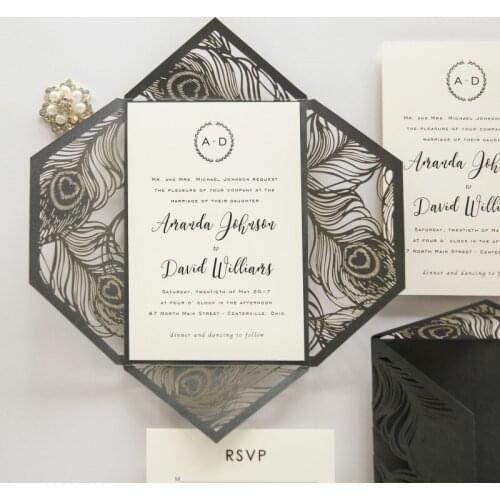 Elegant Black Peacock Laser Cut Wedding Invitations, Creative Invites