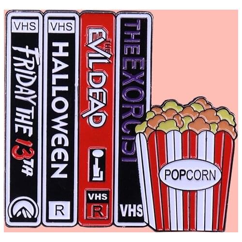 Horror Movie VHS Chill Popcorn Enamel Brooch Pins Badge Lapel Pins Alloy Metal Fashion Jewelry Accessories Gifts