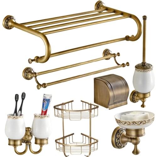 European Antique Solid Brass Pendant Set Bathroom Rack Retro Paper Holder Bathroom Accessories Wall Mounted Toilet Brush Holder