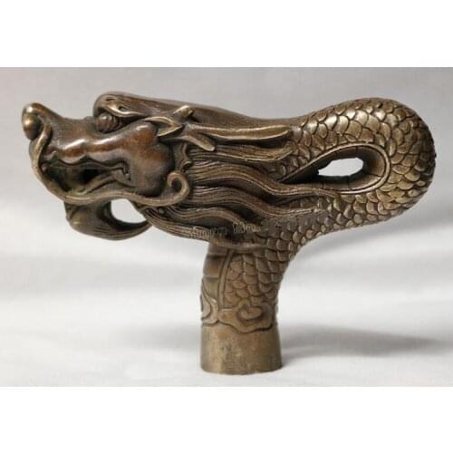 Bronze Pure Copper Old Qing Ming China Old Handwork Carving Bronze Dragon Statue Cane Head Walking Stick
