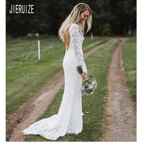 JIERUIZE Modern Backless Lace Wedding Dresses O Neck Long Sleeves Mermaid Wedding Gowns Custom Made Summer Boho Vestido De Noiva