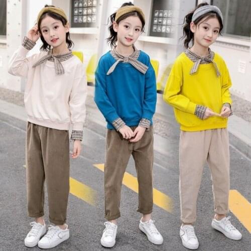Girls Spring Fall Fashion Clothing Set Kids Spliced Butterfly-Knot Tops Sweatshirt + Casual Pants 2 Pcs Childrens Clothes B251