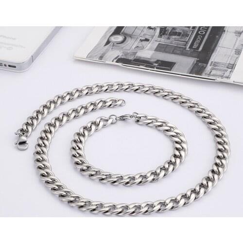 Mens women jewelry set high polished Stainless Steel Flat NK Link curb chain Necklace & Bracelet set 6MM/8MM