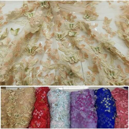 3D Gold Purple Red Light Blue Butterfly Embroidered Tulle Lace Africa Mesh Lace Fabric Sewing For Party Wedding Dress Patchwork