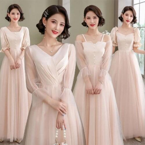 Bridesmaids Dresses Illusion Strapless Full Off The Shoulder Tulle Lace Button A-Line Champagne Women Wedding Party Gown E561