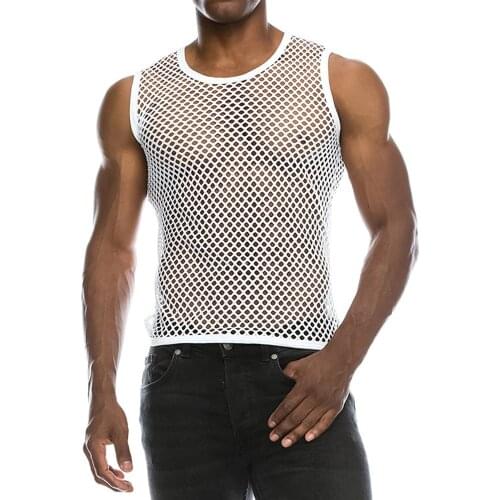 Sexy Men Sleeveless Mesh Sheer Tank Vest Tops Outwear Gym Training Tank Vest Fish Net Hollow Out See Through Sporting Clothing