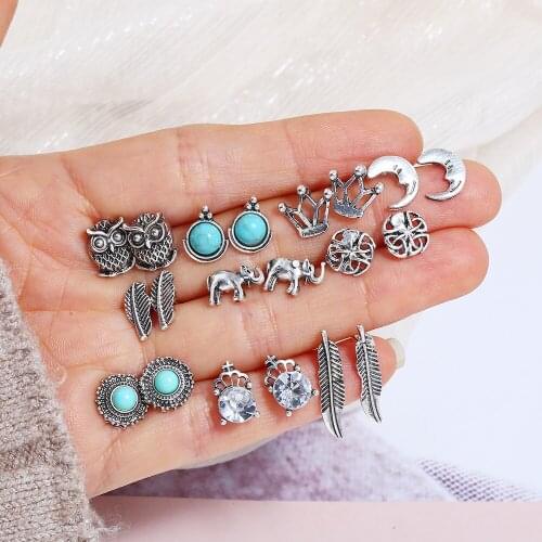 Fashion Combination Ornament Earrings 10 Pair/Set Rhinestones Leaves Owl Elephant Womens Creative Assorted Earrings Set