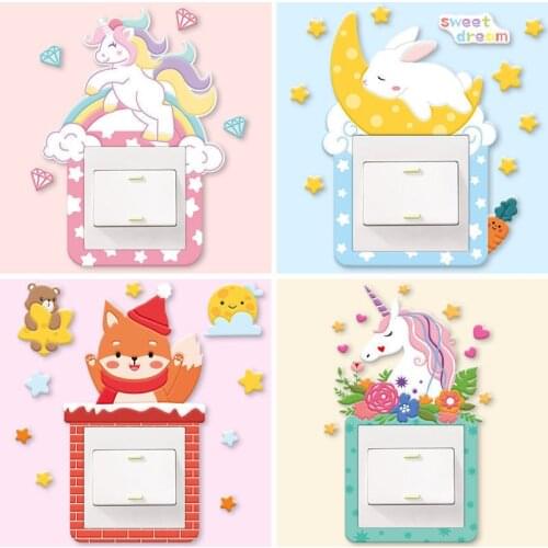 Cartoon Animal Unicorn Flamingo Switch Wall Sticker 3D Silicone On-off Luminous Outlet Switch Sticker Room Wall Decor Sticker