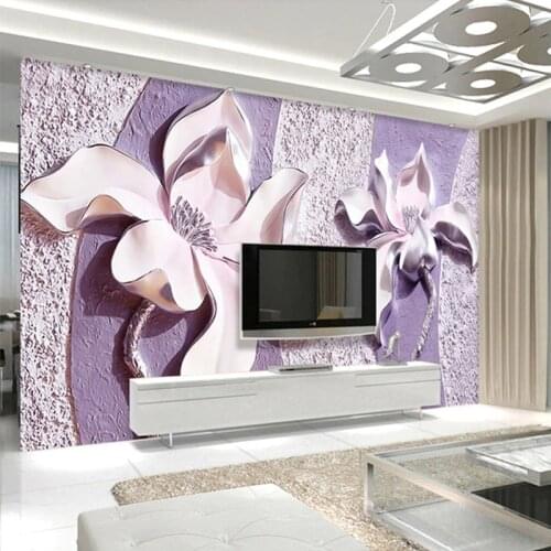 Customize Any Size 3D Relief Purple Magnolia Bedroom TV Background Wall Paper Home Decor Living Room Non-woven Mural Wallpaper