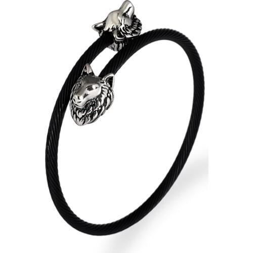 2021 New Trendy Wolf Head Charm Stainless Steel Hemp Rope Buckle Open Bangles Cross Cuff Bracelet For Men Women Unisex Jewelry