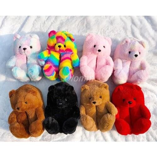 New Plush Teddy Bear Cute Rainbow Cartoon Bear Indoor Slippers Non-Slip Mute Bedroom Office Soft Warm Winter Autumn Hot Sale