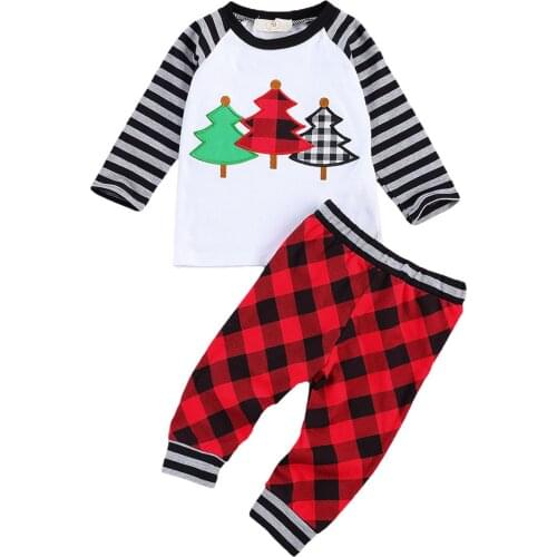 Citgeett Autumn New Baby Boys Clothes Set Christmas Tree Print Striped Sleeve Tops + Long Pants Plaid Pattern Spring Set